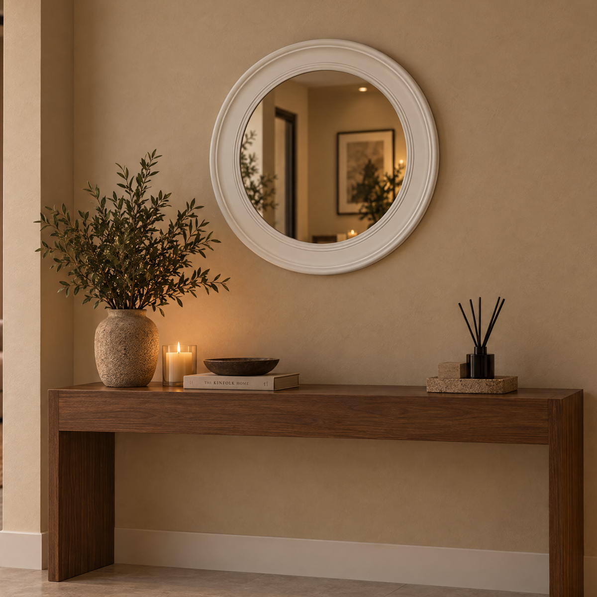 Elodie Large Round Vintage White Wall Mirror