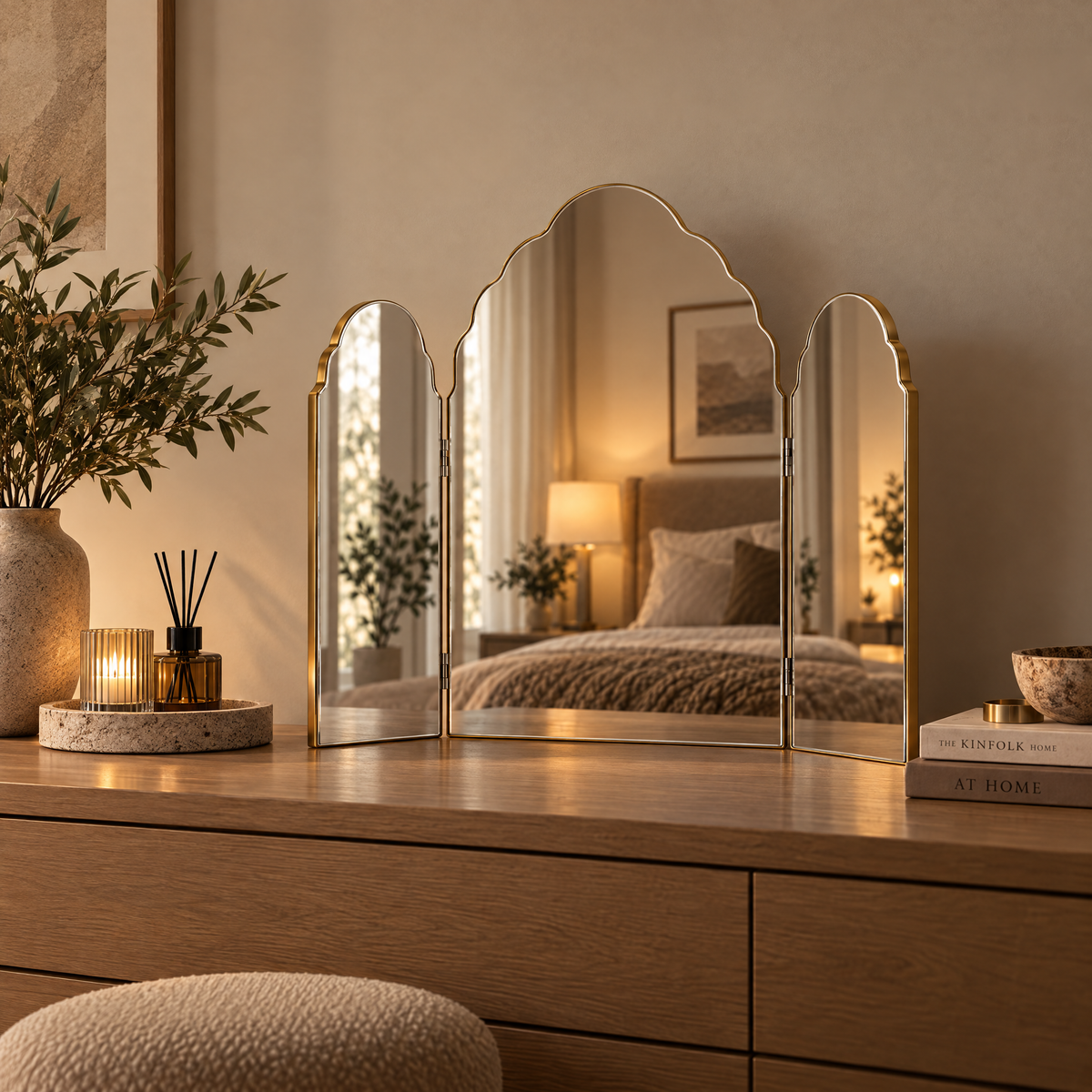 Josephine Gold Arched Antique Triple Vanity Mirror